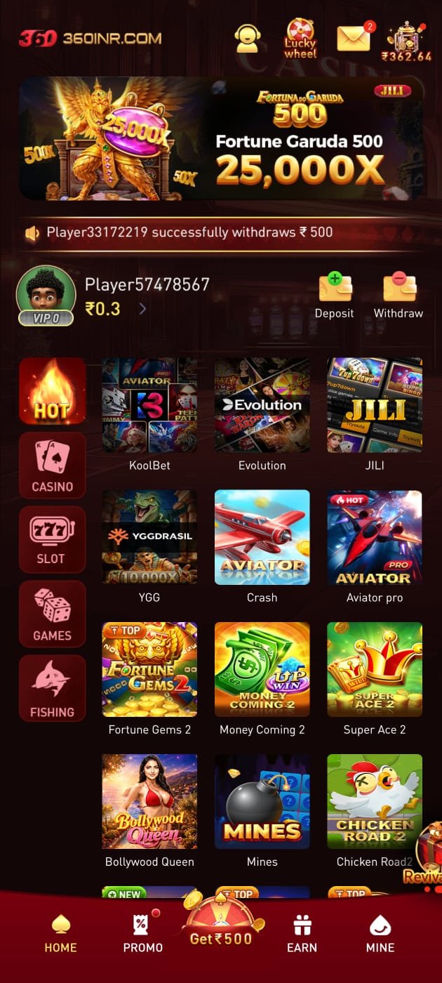 360 INR Game App interface and gaming platform